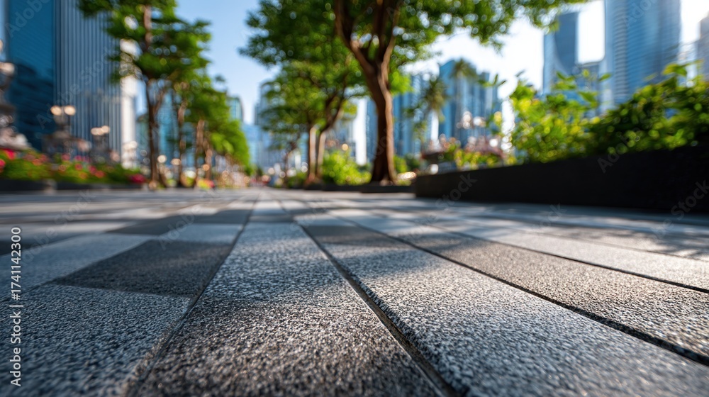 Fototapeta premium Cityscape Perspective: Paved Path through Urban Landscape with Trees and Buildings