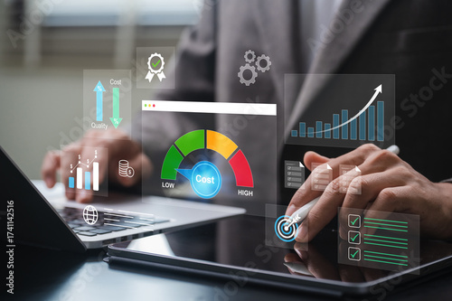 Cost control and quality improvement concept with businessman using tablet and laptop, analyzing data dashboards, financial charts, and business performance metrics to enhance efficiency