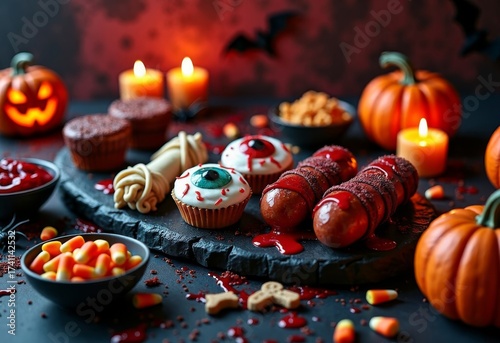 dark and spooky halloween dessert platter with eyeball cupcakes candy corn gummy worms lit candles and small pumpkins, concept of holiday party, sweet treats, seasonal catering