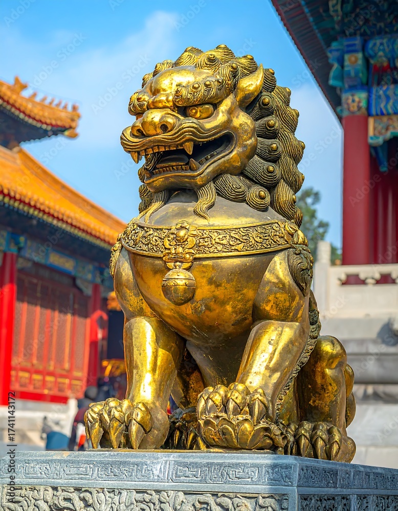 Fototapeta premium Golden guardian statue in a temple complex
