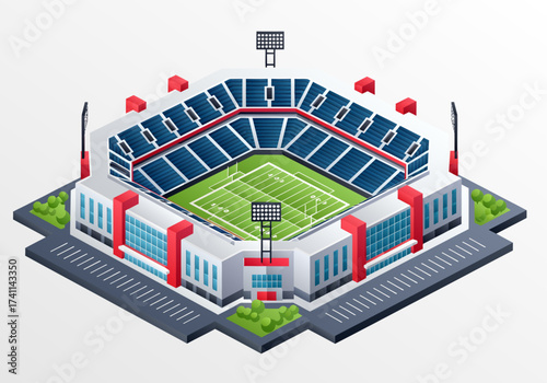 A striking isometric illustration captures the architectural grandeur of a modern American football stadium with tiered blue seating and bold red accents.