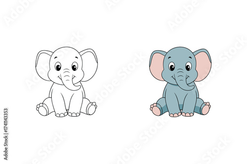 Vector art of a delightful illustration showcasing a charming baby elephant, presented in both a colored version and a black and white outline, , perfect for coloring books