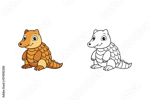 Vector art of a charming illustration featuring a delightful pangolin, presented in both a colored version and a black and white outline, , ideal for coloring books