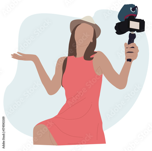 woman vlogging with camera.woman looking at camera with gimbal. 