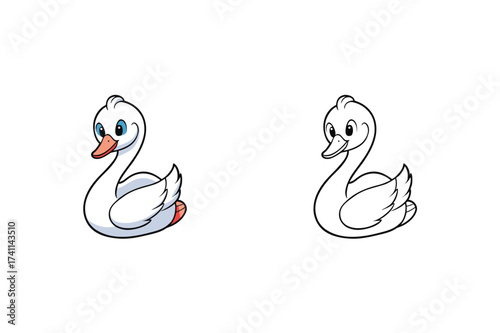Vector art of a charming swan illustration, presented in both vibrant color and classic black and white line art, , perfect for childrens books and educational materials