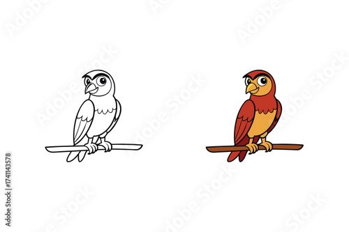 Illustration of a cute bird perched on a branch, presented in both colored and line art versions, ideal for educational materials or childrens books