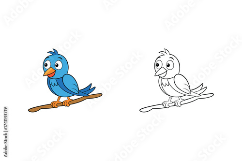 Vector art of a delightful cartoon illustration featuring a cheerful bluebird perched on a branch, available in both vibrant color and classic black and white