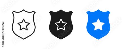 Police badge icon with star symbol representing law enforcement, security, and protection, suitable for safety, authority, crime prevention, and public service design projects