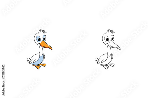Vector art of a charming cartoon illustration showcasing a cute duckling in both colored and blackandwhite versions, perfect for childrens books and educational materials