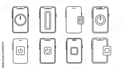Set of eight stylized smartphone icons representing power on and off functionality and notifications vector