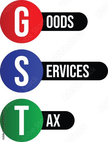 Gst acronym for goods and services tax with letters g, s, t in red, blue, and green circles