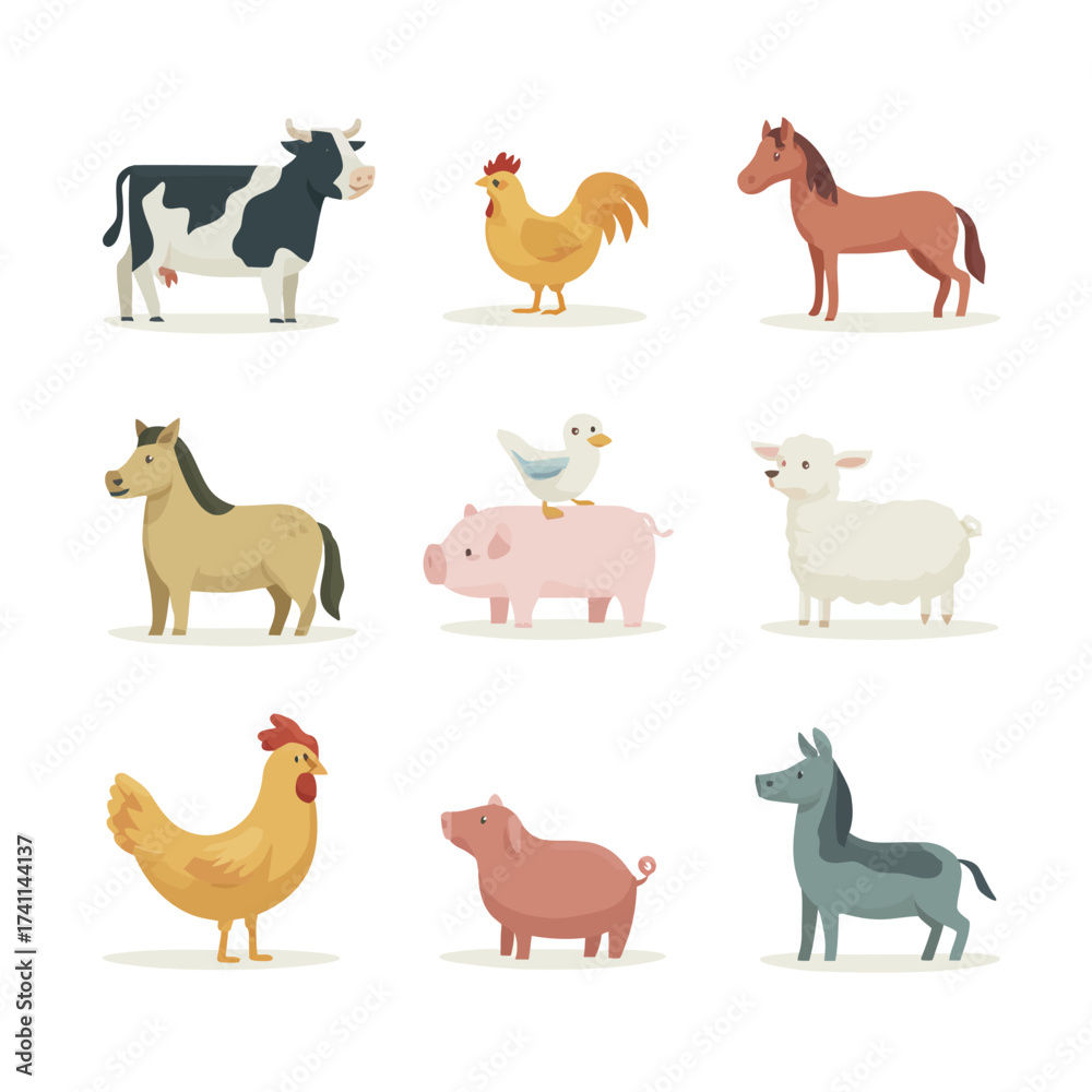 Obraz premium Farm Animals Illustration A Delightful Collection of Cows, Chickens, Horses, and More