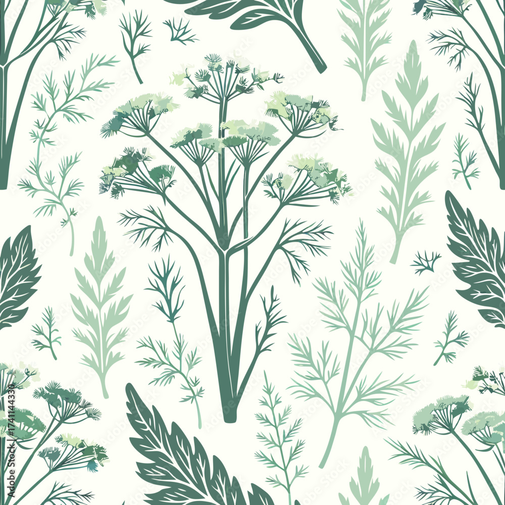 Obraz premium Stylized Green Floral Pattern with Delicate Leaves and Blossoms.