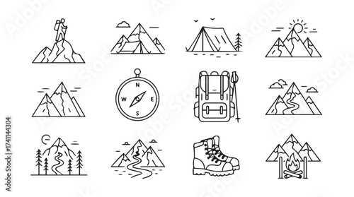 Hand drawn outdoor adventure icons featuring mountains camping compass backpack and hiking boot vector