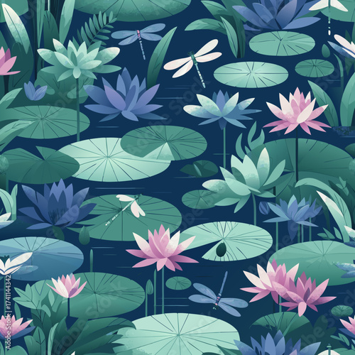 Stylized seamless pattern of pink and blue water lilies green lily pads and dragonflies on a dark blue pond.