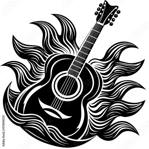 Acoustic guitar silhouette with stylized abstract flames, music passion and creative energy