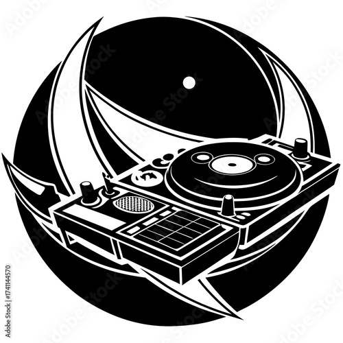 Bold DJ turntable design for music posters or event flyers, black and white rhythm machine