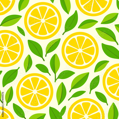 Seamless Pattern of Pink Grapefruit Slices and Green Leaves.
