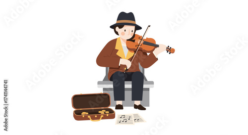 An illustration depicts a musician in a brown jacket and fedora playing the violin while seated on a bench, with a case and sheet music nearby, against a clean white background.