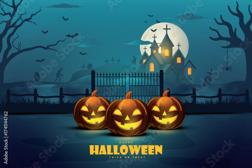 Happy halloween banner or party card background with blue fog clouds, full moon, ghost house and pumpkins on the gate. Vector illustration.