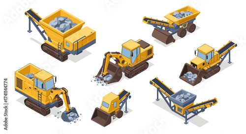 Isometric construction equipment with heavy machinery and excavators