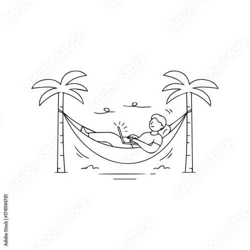 Minimalist line art of a woman working on a laptop while relaxing in a hammock. Digital nomad and remote freelance work concept.