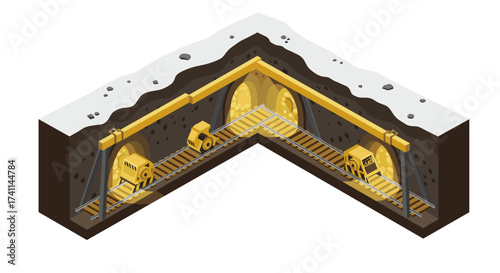 Isometric cross-section of underground gold mining with rail carts and tunnels