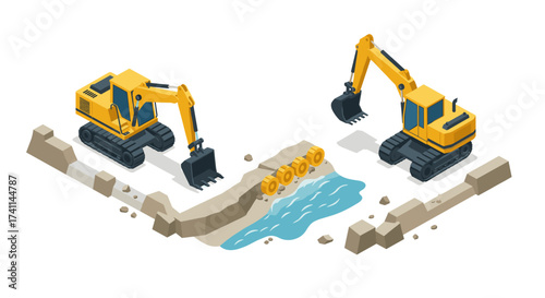 Construction excavators building bridge over water in isometric style