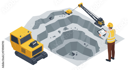 Isometric construction scene with machinery and worker at quarry site