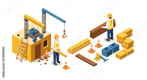 Isometric construction workers arranging building materials at a site