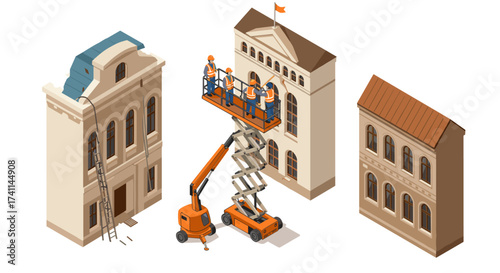 Construction workers renovate buildings using aerial lift in isometric urban scene