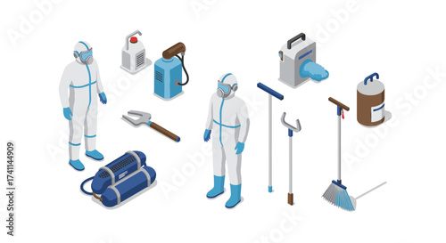 Isometric cleaning professionals with protective gear and equipment