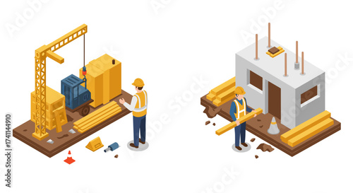 Isometric construction site with worker, crane, and building under construction