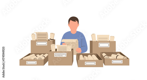An illustration depicts a person surrounded by cardboard boxes filled with various items, suggesting packing, shipping, or inventory management in a clean, minimalist style against a white background.