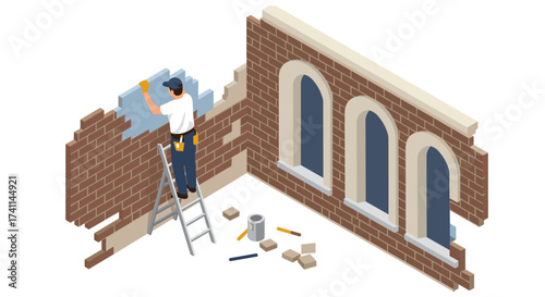 Construction worker laying bricks on ladder in isometric style