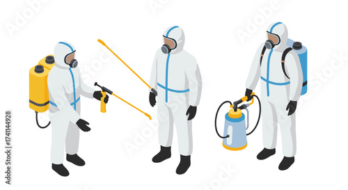 Isometric hazmat team in white protective suits with equipment