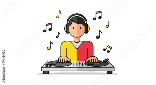 A vector illustration depicts a DJ with headphones and a mixing console, surrounded by musical notes, creating a vibrant and energetic design perfect for music-related projects.