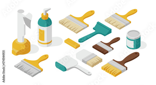 Isometric painting tools set: brushes, rollers, and paint containers on white background