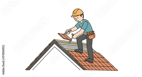 A construction worker, wearing a hard hat, carefully places roof tiles on a house, illustrating home improvement and residential construction against a white background.