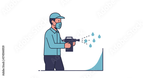 An illustrated depiction of a man in protective gear spraying disinfectant, likely for sanitization and cleaning, in a stylized, minimalist illustration suitable for various commercial applications.