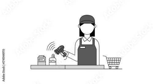 A cashier scans items at a checkout counter in a retail setting, using a barcode scanner to process purchases and manage sales transactions efficiently.
