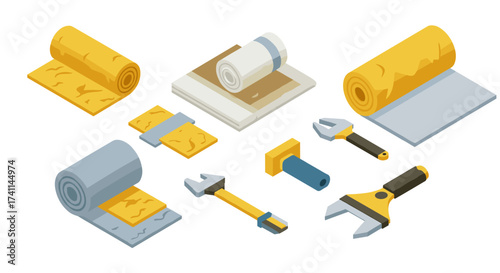 Isometric home improvement tools and materials for flooring and wall decoration