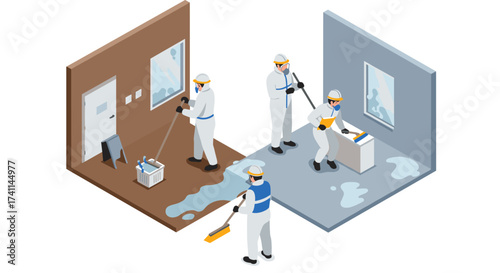 Isometric cleaning crew working on water damage restoration task indoors