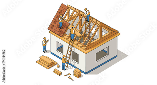 Builders constructing roof framework on house with isometric design