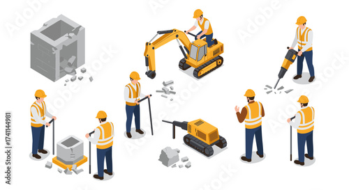 Construction workers in safety gear operating machinery in isometric style