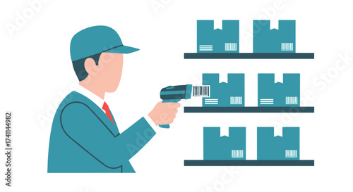 A warehouse worker, wearing a cap and uniform, scans a barcode on a box using a handheld scanner while managing inventory on shelves against a clean white background.