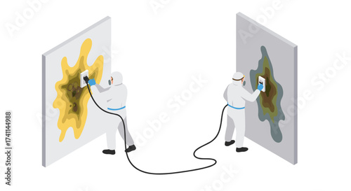 Isometric deep cleaners effectively removing mold from surfaces in protective gear
