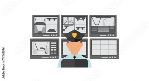 An illustration depicts a security guard monitoring multiple surveillance screens, representing safety, protection, and vigilance in a modern security context, emphasizing monitoring.