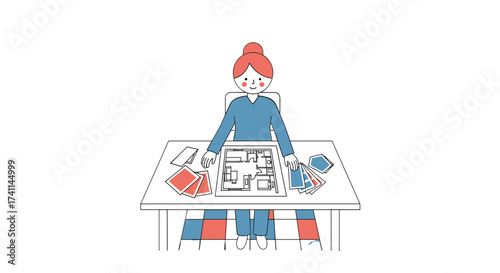 An illustrated woman sits at a table, engrossed in a house plan and card game, likely planning a new home or renovation project with focus and detail.