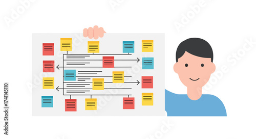An illustrated man presents a project plan with sticky notes, symbolizing planning, strategy, and teamwork, ideal for business and project management concepts.